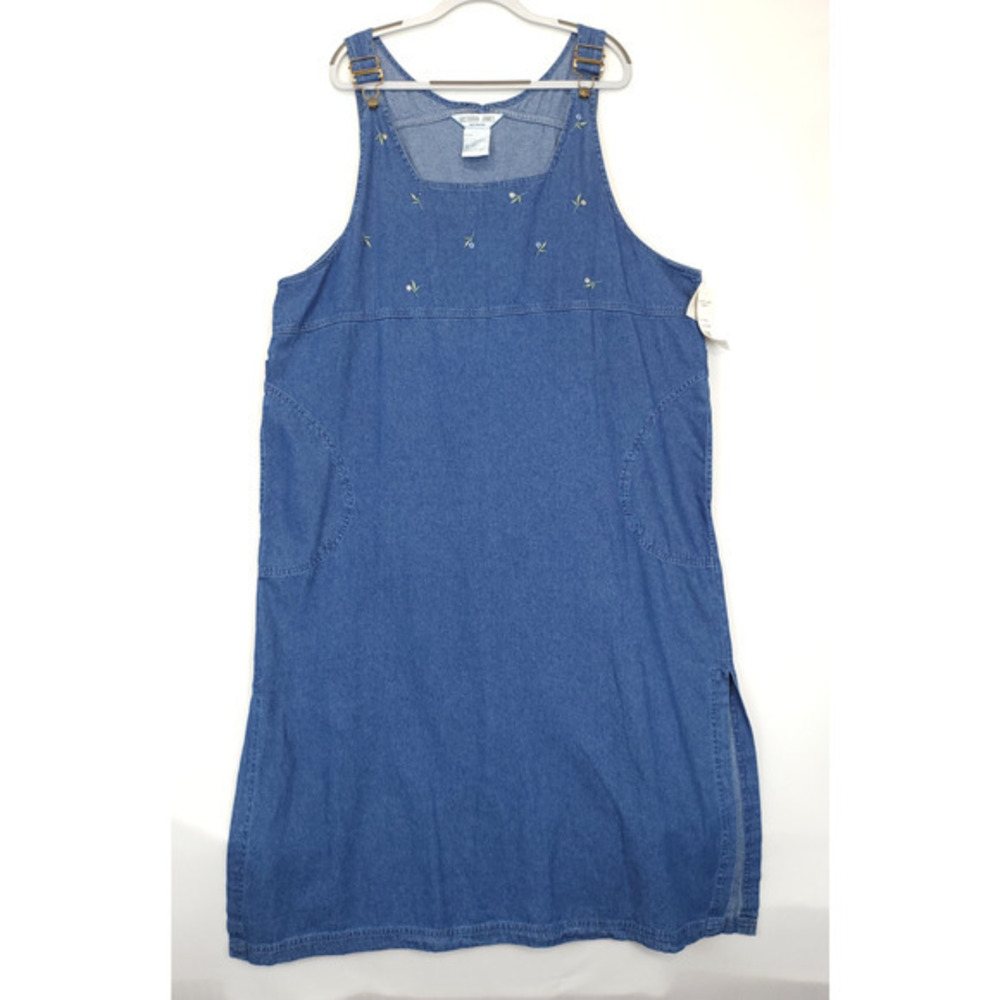 Victoria Jones Denim Overall Bib Blue Embroidered‎ Maxi Dress 2X Pockets Prairie